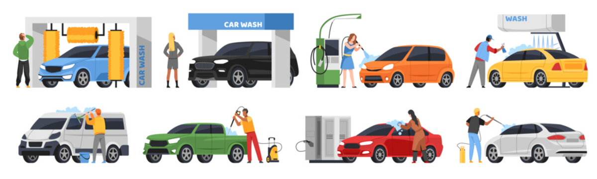 People in self car wash service. Cartoon persons clean, dry and vacuum brushing, pour foam on vehicles, drivers care about cleanliness, automatic automobile wash, tidy vector set