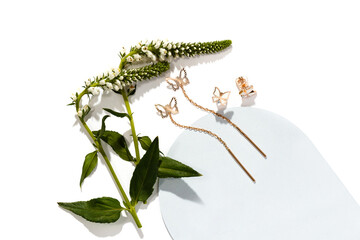 Elegant jewelry set. Jewellery set with gemstones. Jewelry accessories collage. Product still life concept. Ring, necklace and earrings.