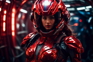 Woman with long brown hair from the future. She wears metallic red armor and helmet.