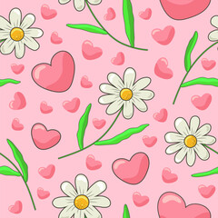 Fototapeta na wymiar Chamomile flowers with white petals and a yellow core with stems and petals and pink hearts on a light pink background. Seamless pattern. Print on fabric. Packaging and label. Vector illustration.