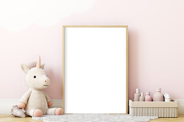 Frame mockup in kids room, frame mockup A4 and toy unicorn - obrazy, fototapety, plakaty