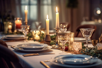 Elegant table setting with candles in restaurant. Selective focus. Romantic dinner setting with candles on table in restaurant.