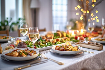 Elegant table setting with candles in restaurant. Selective focus. Romantic dinner setting with candles on table in restaurant.