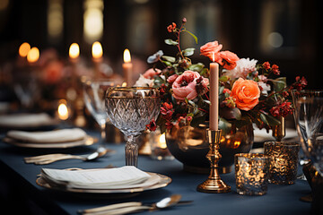 Elegant table setting with candles in restaurant. Selective focus. Romantic dinner setting with candles on table in restaurant.