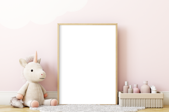 Frame mockup in kids room, frame mockup A4 and toy unicorn