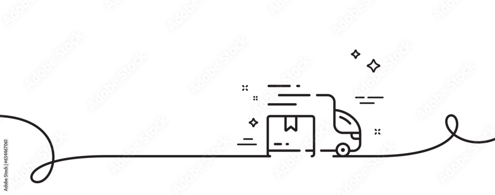 Poster delivery truck line icon. continuous one line with curl. logistic service sign. export freight boxes