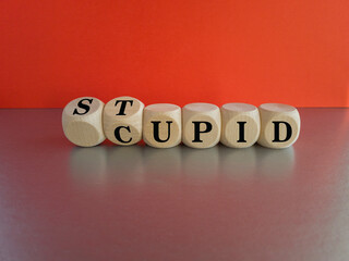 Wooden cubes form the words cupid and stupid. Beautiful red background, grey table. Copy space.