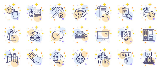 Fototapeta na wymiar Outline set of Voting hands, Coffee cup and Falling star line icons for web app. Include Monitor, Discount tags, Checklist pictogram icons. Approved, Puzzle game, Food delivery signs. Vector