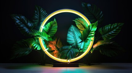 Tropical leaves neon colorful light. AI generation - obrazy, fototapety, plakaty