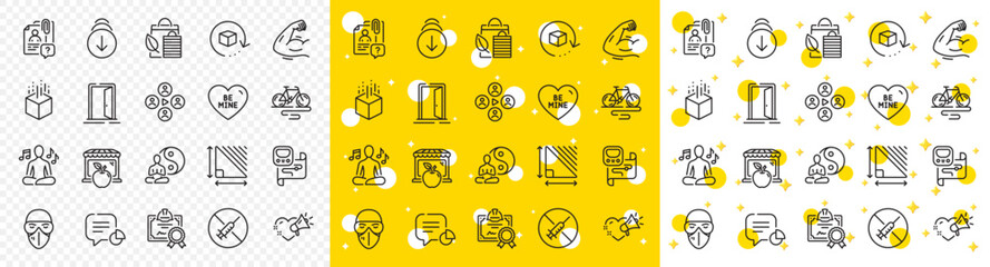 Outline Market, Strong arm and Open door line icons pack for web with Yoga, Be mine, Augmented reality line icon. Statistic, Yoga music, Return package pictogram icon. Certificate. Vector