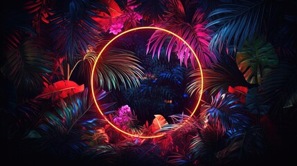 Tropical leaves neon colorful light. AI generation