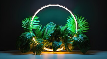 Tropical leaves neon colorful light. AI generation