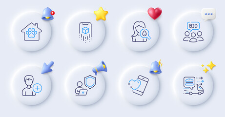 Food delivery, Pet shelter and Add person line icons. Buttons with 3d bell, chat speech, cursor. Pack of Auction, Shield, Augmented reality icon. Moisturizing cream, Heart pictogram. Vector