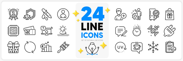 Icons set of Coffee, Cpu processor and Brush line icons pack for app with Online question, Chemistry dna, Sun protection thin outline icon. Write, Holidays shopping. Design with 3d stars. Vector