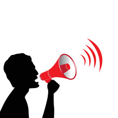 Man holds a loudspeaker in hand. Marketing and advertising. Democracy and elections vector - 634467484