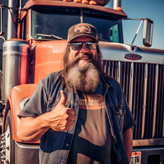 United States trucker in front of his truck with his thumb up.