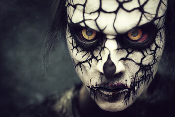 Portrait of scary zombie man on dark background Halloween makeup  realistic. Digital illustration - obrazy, fototapety, plakaty