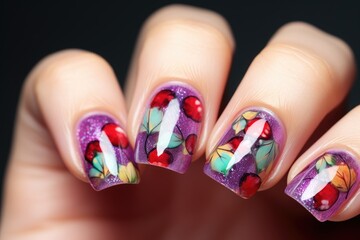 A close-up of a woman's nails with a fruits and leaves design on them.