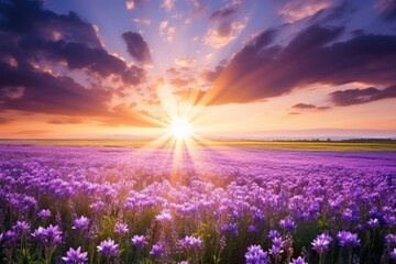 A field of purple flowers is bathed in the warm glow of a setting sun, creating a stunning and serene scene. - Powered by Adobe