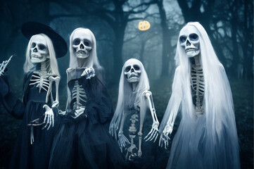 skeletons, ghosts on halloween night photorealism, digital illustration