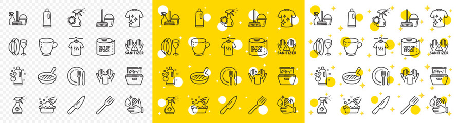 Outline Shampoo, Hand washing and Wash hands line icons pack for web with Toilet paper, Household service, Clean t-shirt line icon. Knife, Dish, Clean hands pictogram icon. Tea cup. Vector