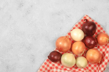 Various varieties of onions on a gray concrete background, the concept of harvesting in autumn, red, white and golden onions for breeding in agriculture, selective focus