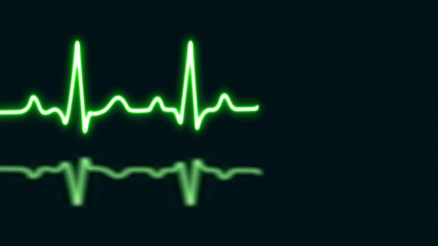 Green neon heartbeat with love shaped isolated on blue grid background. Medical concept and ecg pulse line graph