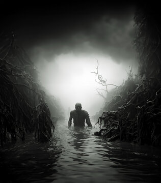 Creepy man walking  in a mysterious swamp, dark misty horror atmosphere