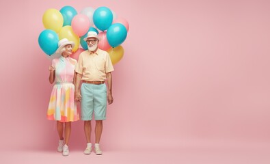 senior couple dressed in cute colors, holding balloons, in the style of vintage-inspired designs on pastel pink background