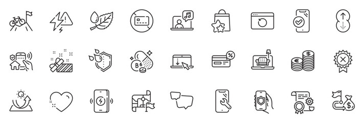 Fototapeta na wymiar Icons pack as Speech bubble, Leaf dew and Lightning bolt line icons for app include Heart, Furniture, Swipe up outline thin icon web set. Cashback, Reject medal, Financial goal pictogram. Vector