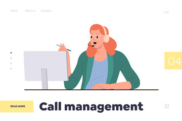 Call management online service landing page design template with woman providing clients assistance