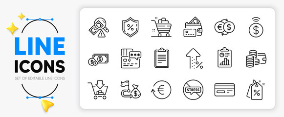 Credit card, Report and Increasing percent line icons set for app include Stop stress, Discount tags, Financial goal outline thin icon. Grocery basket, Contactless payment. Vector