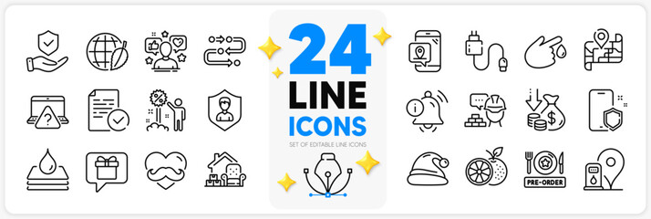 Icons set of Methodology, Information bell and Pre-order food line icons pack for app with Environment day, Blood donation, Map thin outline icon. Packing things, Security agency. Vector