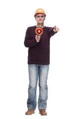 man in a protective helmet with a megaphone.