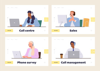 Landing page design template set for call center, phone survey and sales professional online service