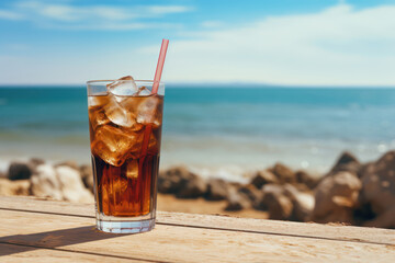 Soda drink with ice in glass on wooden table, sea on background - obrazy, fototapety, plakaty