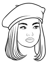 Portrait of girl with bob haircut and beret outline illustration isolated on transparent background