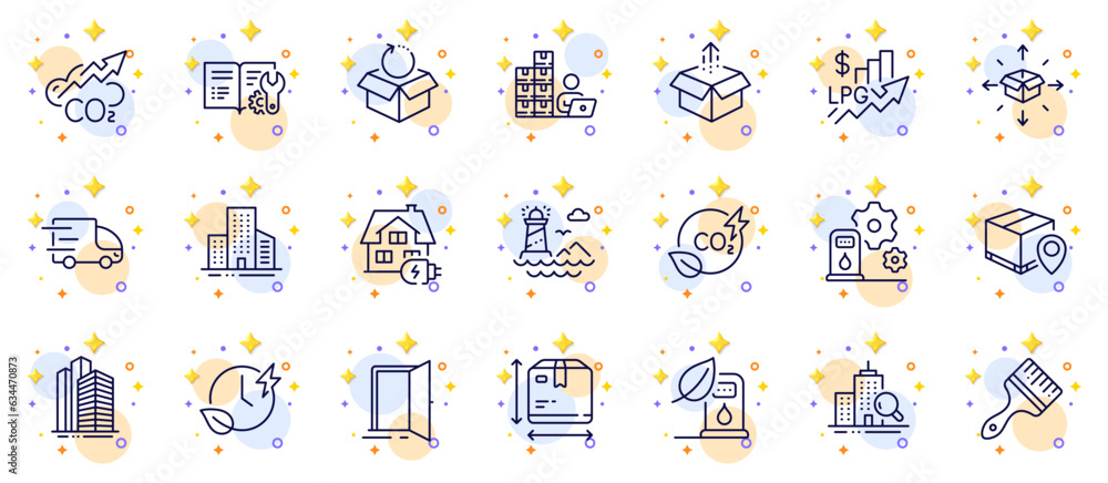 Poster outline set of buildings, return package and co2 gas line icons for web app. include parcel delivery