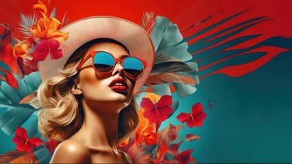 beautiful woman with sunglasses, Tropical photo collage, in the style of modernism-inspired...