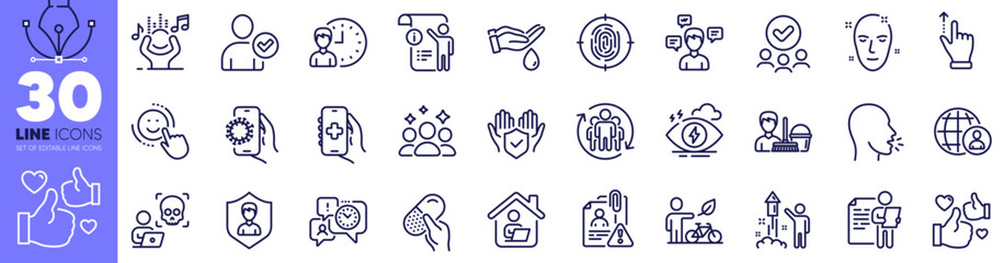Noise, International recruitment and Work home line icons pack. Touchscreen gesture, Search employee, Health app web icon. Approved group, Eco bike, Job interview pictogram. Vector