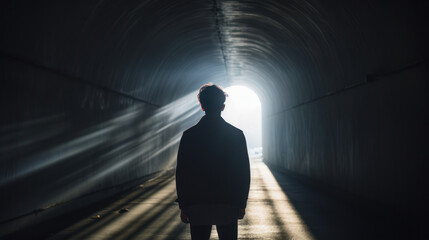 Light Piercing Darkness Description, A person standing in a tunnel with sunlight streaming through the exit - obrazy, fototapety, plakaty