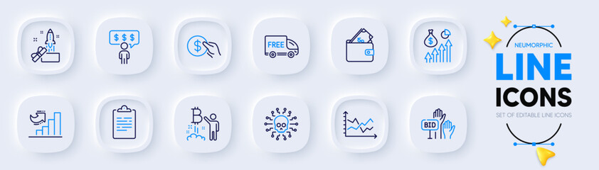 Bitcoin project, Diagram chart and Payment line icons for web app. Pack of Employee benefits, Salary, Clipboard pictogram icons. Bid offer, Cyber attack, Innovation signs. Growth chart. Vector