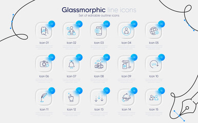 Set of Touchscreen gesture, Uv protection and Floor lamp line icons for web app. Stop shopping, Medical phone, Photo camera icons. Bell, Documents, Avatar signs. Music app, World weather. Vector