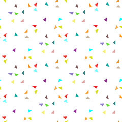 Fototapeta na wymiar Small bright colorful multicolored triangles isolated on white background. Cute geometric seamless pattern. Vector simple flat graphic illustration. Texture.