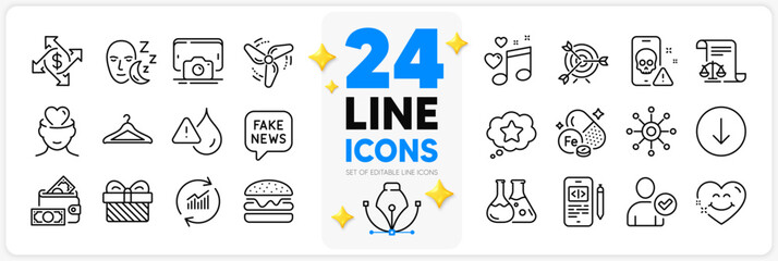 Icons set of Loyalty star, Iron and Legal documents line icons pack for app with Scroll down, Love music, Chemistry lab thin outline icon. Phone code, Sleep, Wind energy pictogram. Vector