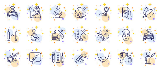 Outline set of Overeating pills, Coronavirus statistics and Vaccine attention line icons for web app. Include Electronic thermometer, Nurse, Difficult stress pictogram icons. Disability. Vector