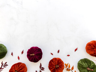 Autumn composition with various colors velvet pumpkins and dry branches and leaves on white background. Autumn, fall, halloween concept. Flat lay, top view, copy space