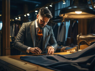 Fotografía de un sastre trabajando meticulosamente en la confección de un traje a medida.