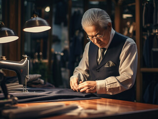 Fotografía de un sastre trabajando meticulosamente en la confección de un traje a medida. - obrazy, fototapety, plakaty