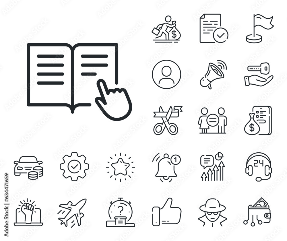 Aufkleber education with hand pointer symbol. salaryman, gender equality and alert bell outline icons. instruc